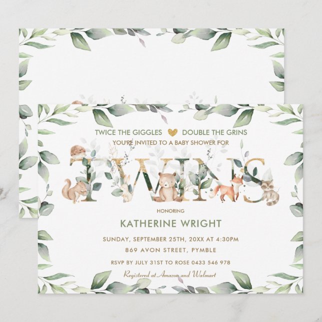Skogsdjur Greenery Twin Neutralt Baby Shower Inbjudningar (Fram/baksida)