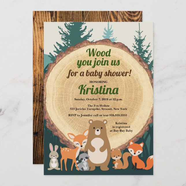 Skogsdjur Greenery wood Baby Shower Inbjudningar (Fram/baksida)