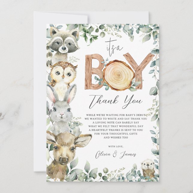 Skogsdjur Greenery Wood Boy Shower Tack Kort (Framsida)