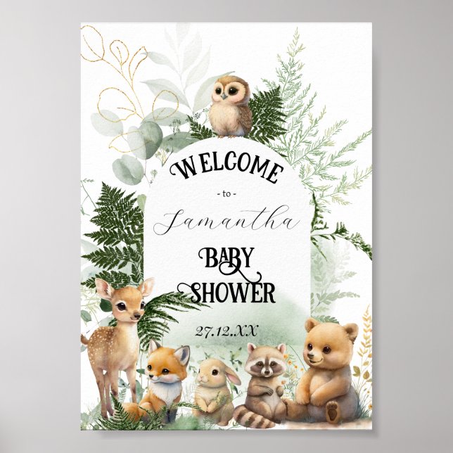 Skogsdjur Grey Forest Baby Shower welcom Poster (Framsidan)
