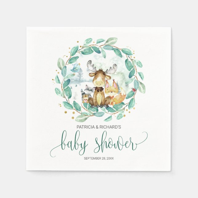 Skogsdjur Grönska Baby Shower Pappersservett (Framsidan)
