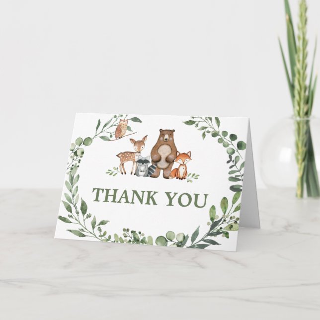 Skogsdjur Grönska Baby Shower  Tack Kort (Framsida)