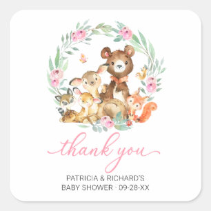 Skogsdjur Grönska Baby Shower Tack Kort Fyrkantigt Klistermärke
