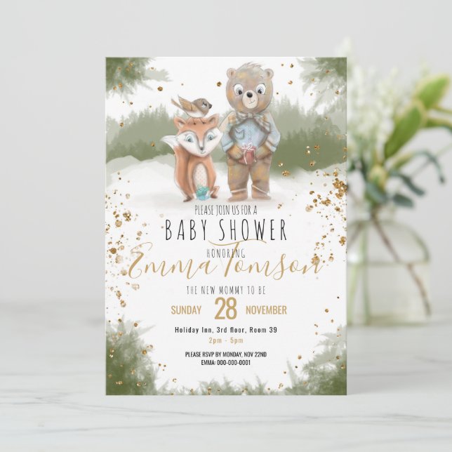 Skogsdjur guld glitter Baby Shower Meddelande (Stående Fram)
