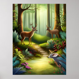 Skogsdjur - Hjort i Forest AI Generative Poster