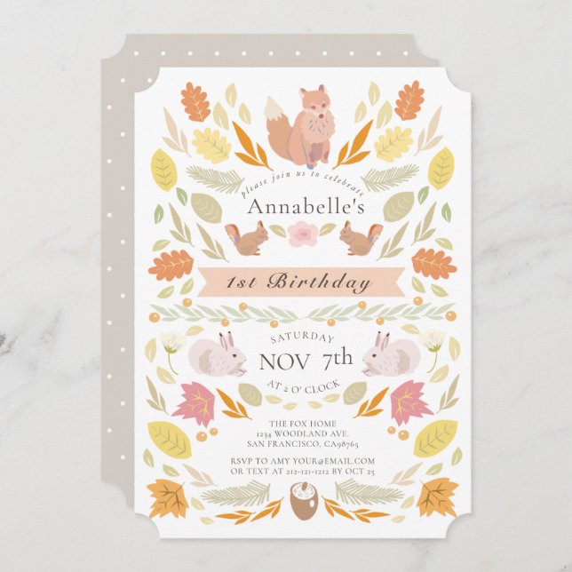 Skogsdjur höstblomma 1:a födelsedag inbjudningar (Fram/baksida)