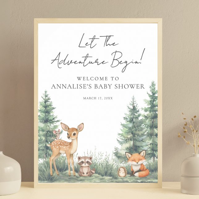 Skogsdjur i skogarna Äventyr, babyskor Poster (Woodland Forest Animals Adventure Baby Shower Poster)