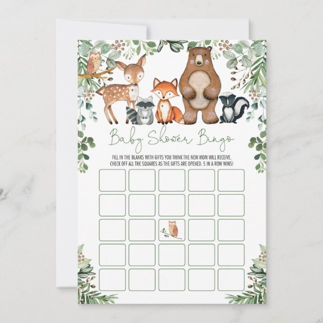Skogsdjur i skogarna Bingo Baby Shower Game Inbjudningar (Framsida)