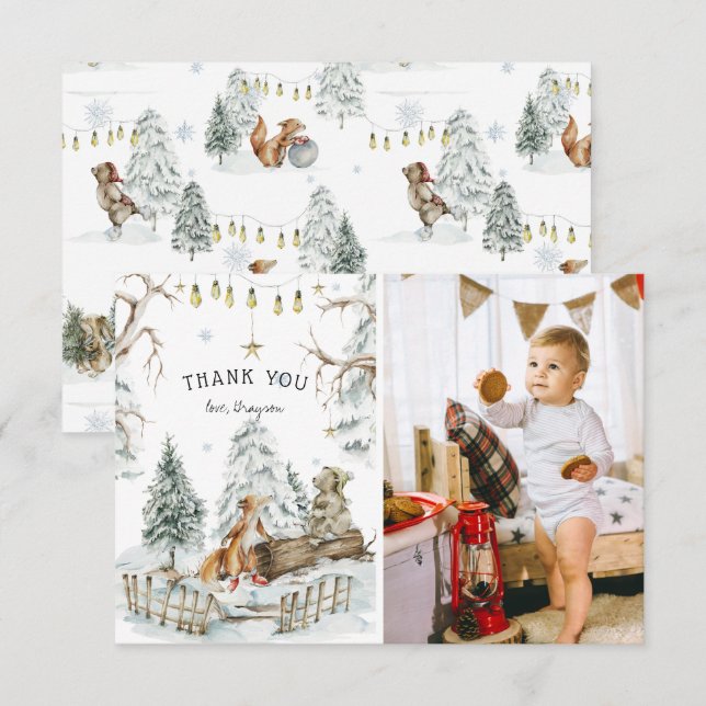 Skogsdjur i skogarna Winter Birthday Tack Kort (Fram/baksida)