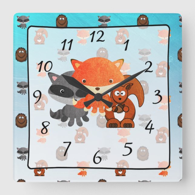 Skogsdjur i skogsområdet Baby Nursery Clock Fyrkantig Klocka (Framsida)