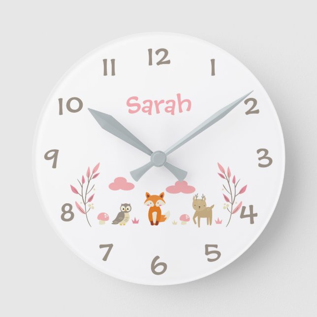 Skogsdjur Kids Nursery Wall Clock Rund Klocka (Framsida)