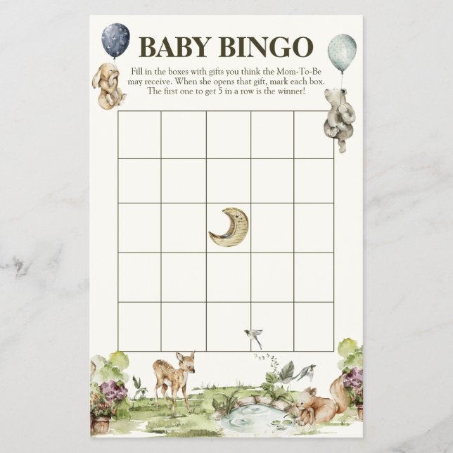 Skogsdjur Kön Neutral Baby Bingo Game Flygblad (Framsidan)