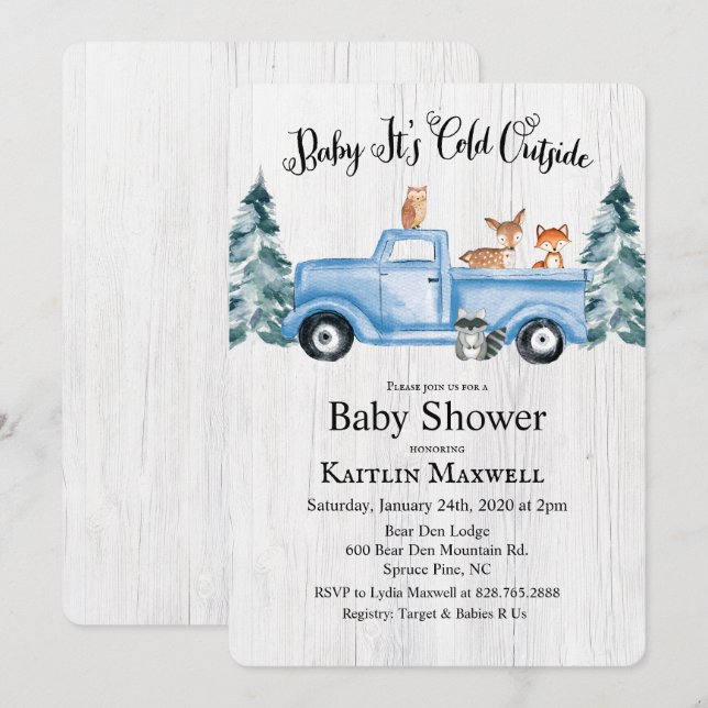 Skogsdjur Lastbil Baby Shower Inbjudan (Fram/baksida)