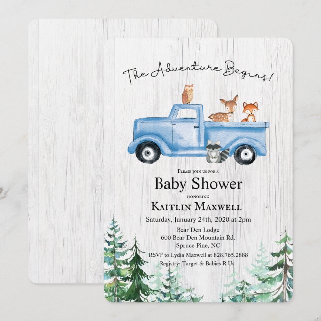 Skogsdjur Lastbil Baby Shower Inbjudan (Fram/baksida)