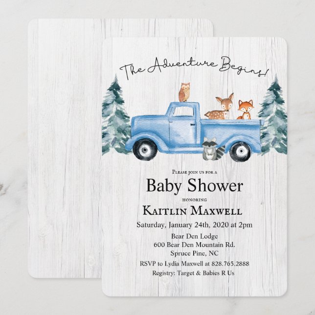 Skogsdjur Lastbil Baby Shower Inbjudan (Fram/baksida)
