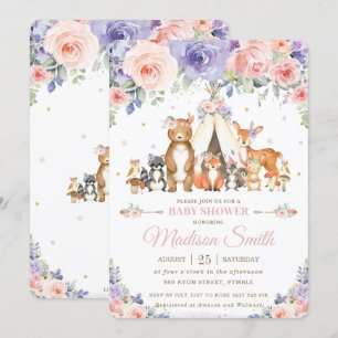 Skogsdjur Lilac Blommigt Baby Shower Inbjudningar