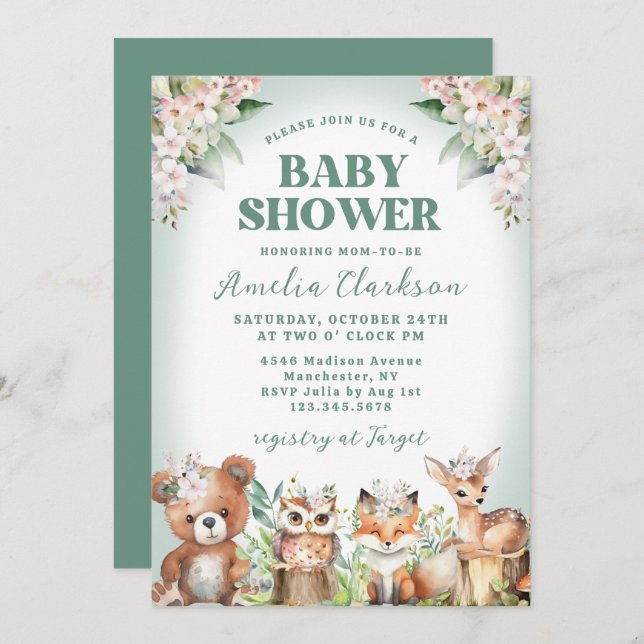 Skogsdjur Mjuk Grönt & Blommigt Babykläder Inbjudningar (Fram/baksida)