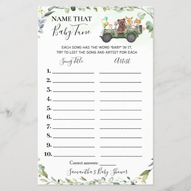 Skogsdjur Namn Baby Tune Shower Game Card Flygblad (Framsidan)