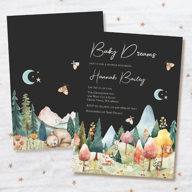 Skogsdjur Nattskog, babyskor för nattskog Inbjudningar (Baby shower invitation with woodland night scene and sleeping animals.)