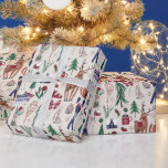 Skogsdjur norrut skidjul mönster presentpapper<br><div class="desc">Skogsdjur och nordisk skidjulsslutning,  heltryckt hjort,  kanin,  räv i snö och chalet apres skidillustration. Originalteckningar av Caroline Bonne Müller</div>
