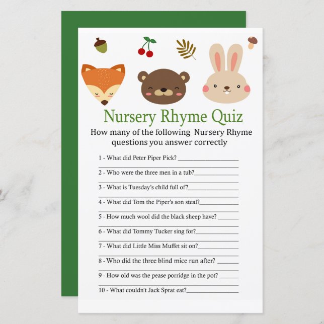 Skogsdjur Nursery Rhyme Quiz baby showermatch (Fram/baksida)