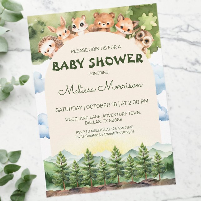 Skogsdjur Nyfikna djur Pojke Shower Inbjudningar (Woodland Curious Animals Baby Boy Shower Invitation)