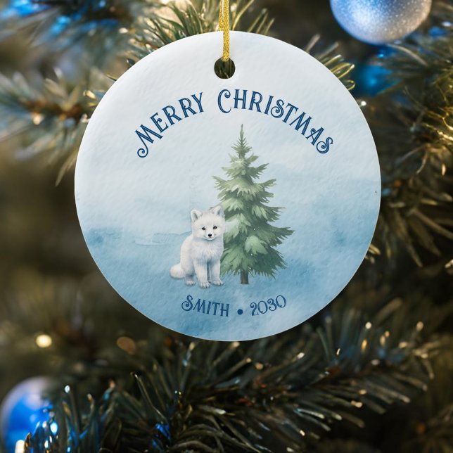 Skogsdjur och Arktisk räv - blå jul Julgransprydnad Keramik (arctic fox woodland creatures christmas ornament front)