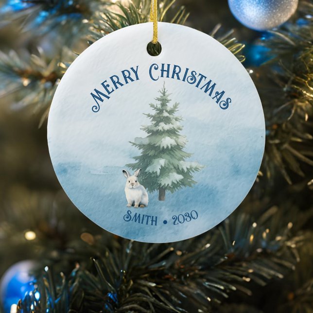 Skogsdjur och Arktiska Hare Blue-jul Julgransprydnad Keramik (Arctic Hare woodland animals ornament front)