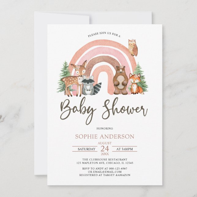 Skogsdjur och Boho Rainbow Baby Shower Inbjudningar (Framsida)