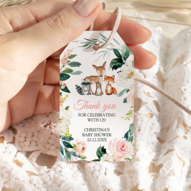 Skogsdjur och  Rosa Blommor Babykläder Presentetikett (Skapare uppladdad)