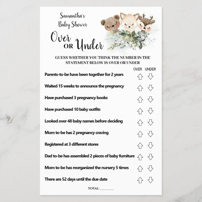 Skogsdjur över eller under babyvyns spelkort flygblad (Framsidan)