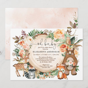 Skogsdjur Peach Orange Blommigt Baby Shower Inbjudningar