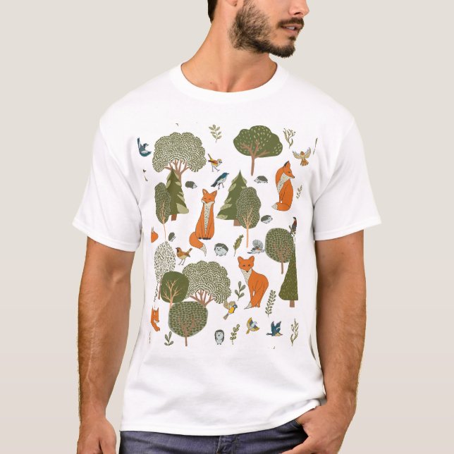 Skogsdjur: rävar, fåglar mönster t shirt (Framsida)