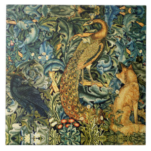 SKOGSDJUR,RAVEN,FOX,PEACOCK Blue Grönt Blommigt Kakelplatta