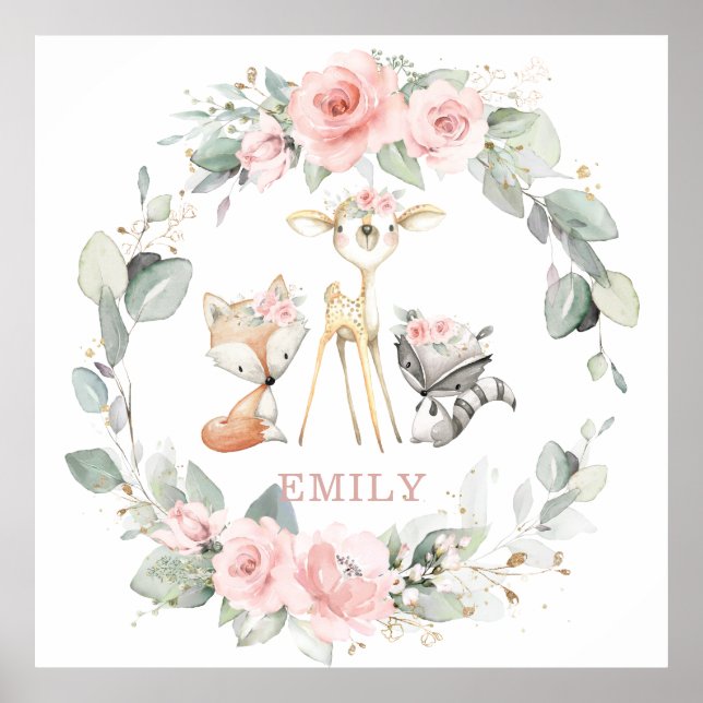 Skogsdjur Rosa Blommig Grönska Väggkonst (Framsidan)