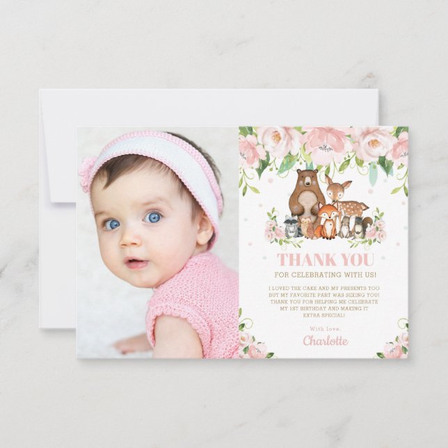 Skogsdjur Rosa Blommig Tjej 1-årsdag Tack Kort (Framsida)