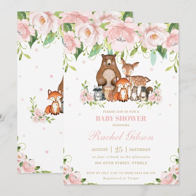 Skogsdjur  Rosa Blommigt Baby Shower Inbjudningar (Fram/baksida)