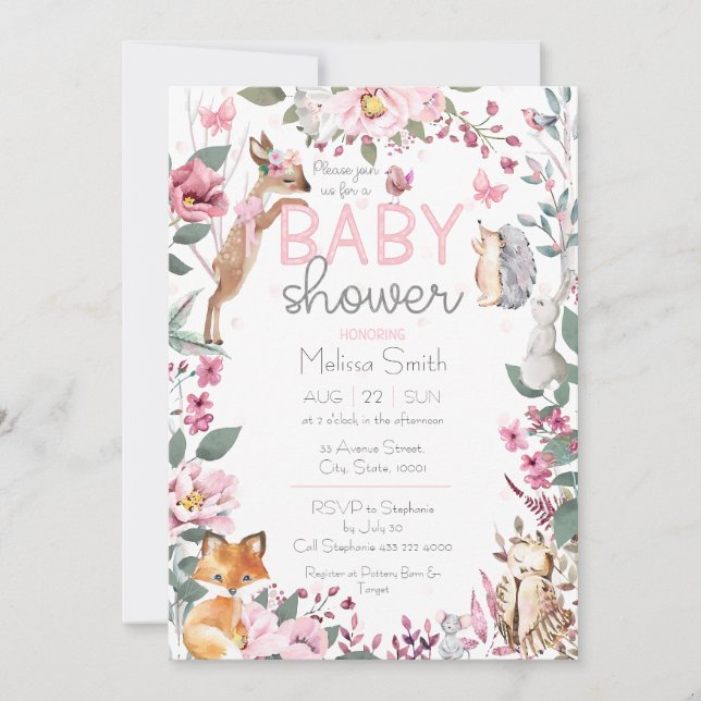 Skogsdjur Rosa Blommigt Baby Shower Inbjudningar (Framsida)