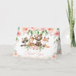 Skogsdjur  Rosa Blommigt Baby Shower Tack Kort