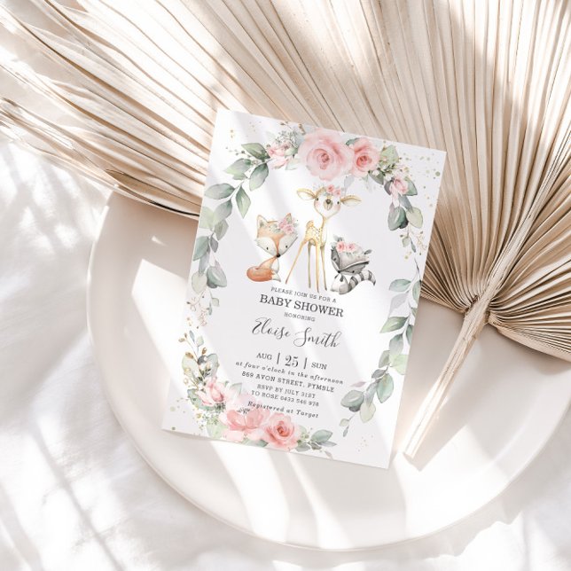 Skogsdjur Rosa Blommigt Greenery Baby Shower Inbjudningar (Skapare uppladdad)