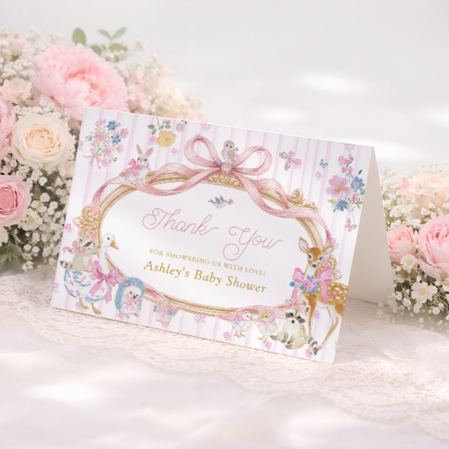 Skogsdjur Rosa Flickbarns Baby Shower Tacksamhetsk Tack Kort (Skapare uppladdad)