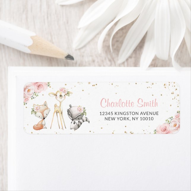 Skogsdjur, Rosa Flowers, babyskor Returadress Etikett (Insitu)