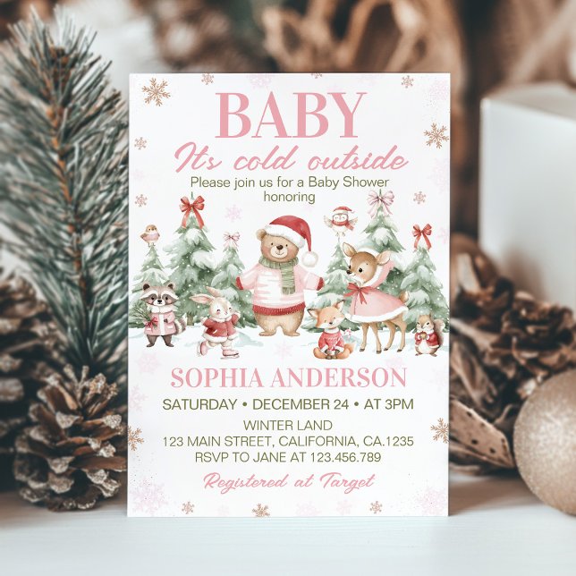 Skogsdjur Rosa Jul Vinter Baby Shower Inbjudningar (Skapare uppladdad)