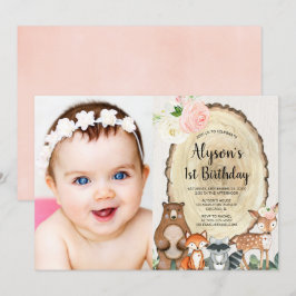 Skogsdjur, rustik blommigt rosa Grey Girl Inbjudningar