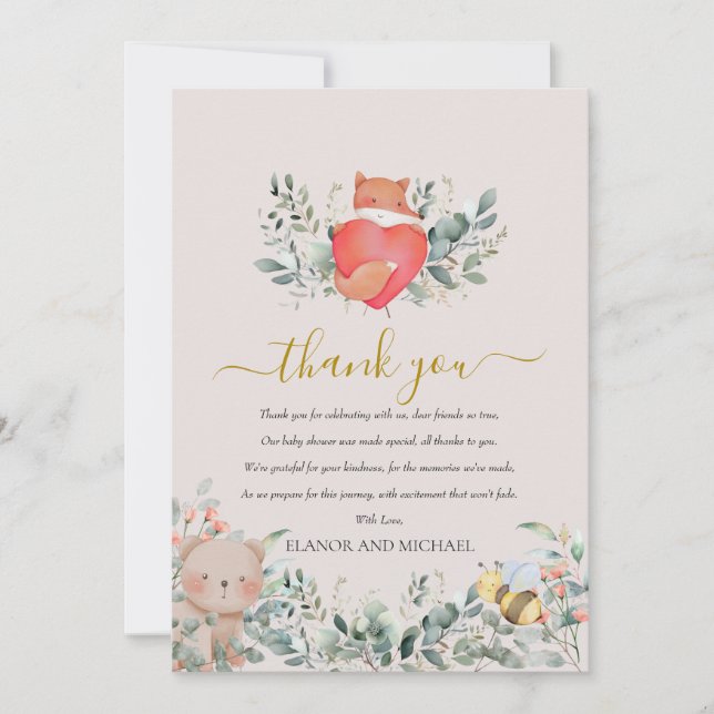 Skogsdjur Rustik Boho Akvarell Hjarta Tack Kort (Framsida)