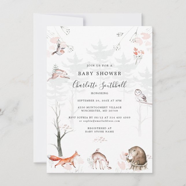 Skogsdjur Rustik Skript Baby Shower Inbjudningar (Framsida)