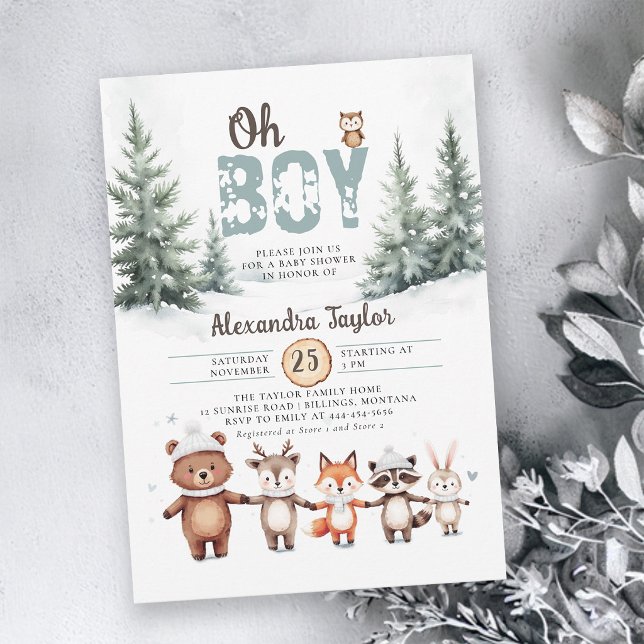 Skogsdjur Rustik Vinter Pojke Babyfirande Inbjudningar (oh boy winter baby shower invitations woodland animals cute characters bear fox raccoon deer)