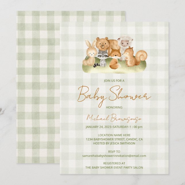 Skogsdjur Rutig Baby Shower Inbjudningar (Fram/baksida)