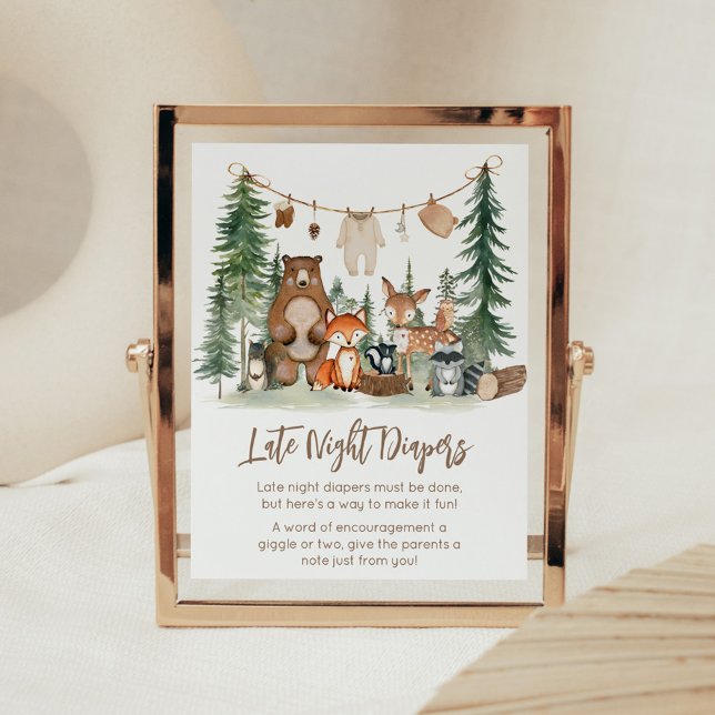 Skogsdjur Sängvätning Sent Natt Blöjor Skylt (Woodland Animals Adventure Awaits Rustic Baby Shower Sign)