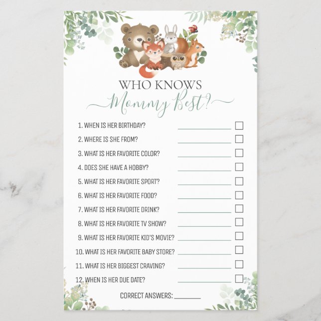 Skogsdjur Shower Hur bra vet du om vilt? Flygblad (Framsidan)